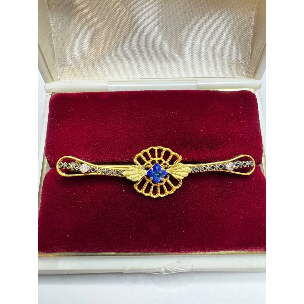 Edwardian Revival Art Nouveau Gold Tone Bar Brooch Blue & Clear Stones Filigree